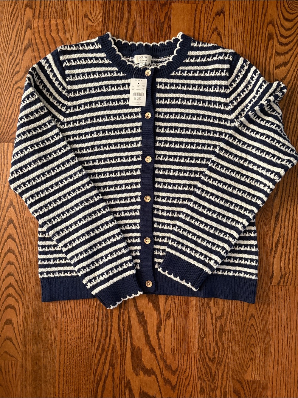 J.Crew Factory Navy & White Striped Knit Button-Front Cardigan (XL) 100% Cotton